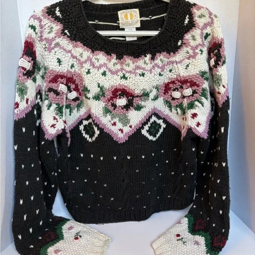 Vintage Paris Sport Club Floral Knit Sweater Black Pink White Size M